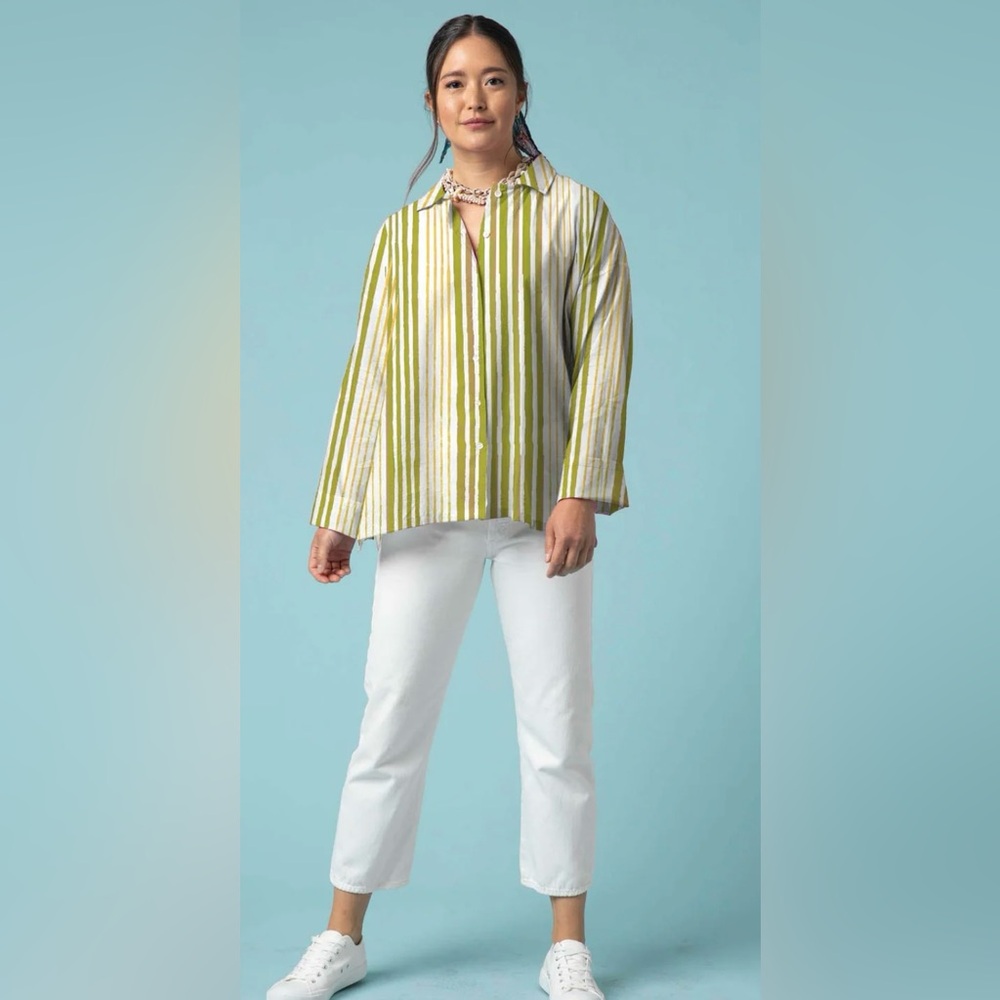 💥PRICE DROP💥 Relaxed Boyfriend Shirt - Mixed Up Stripe Baked Clay Olive Oil